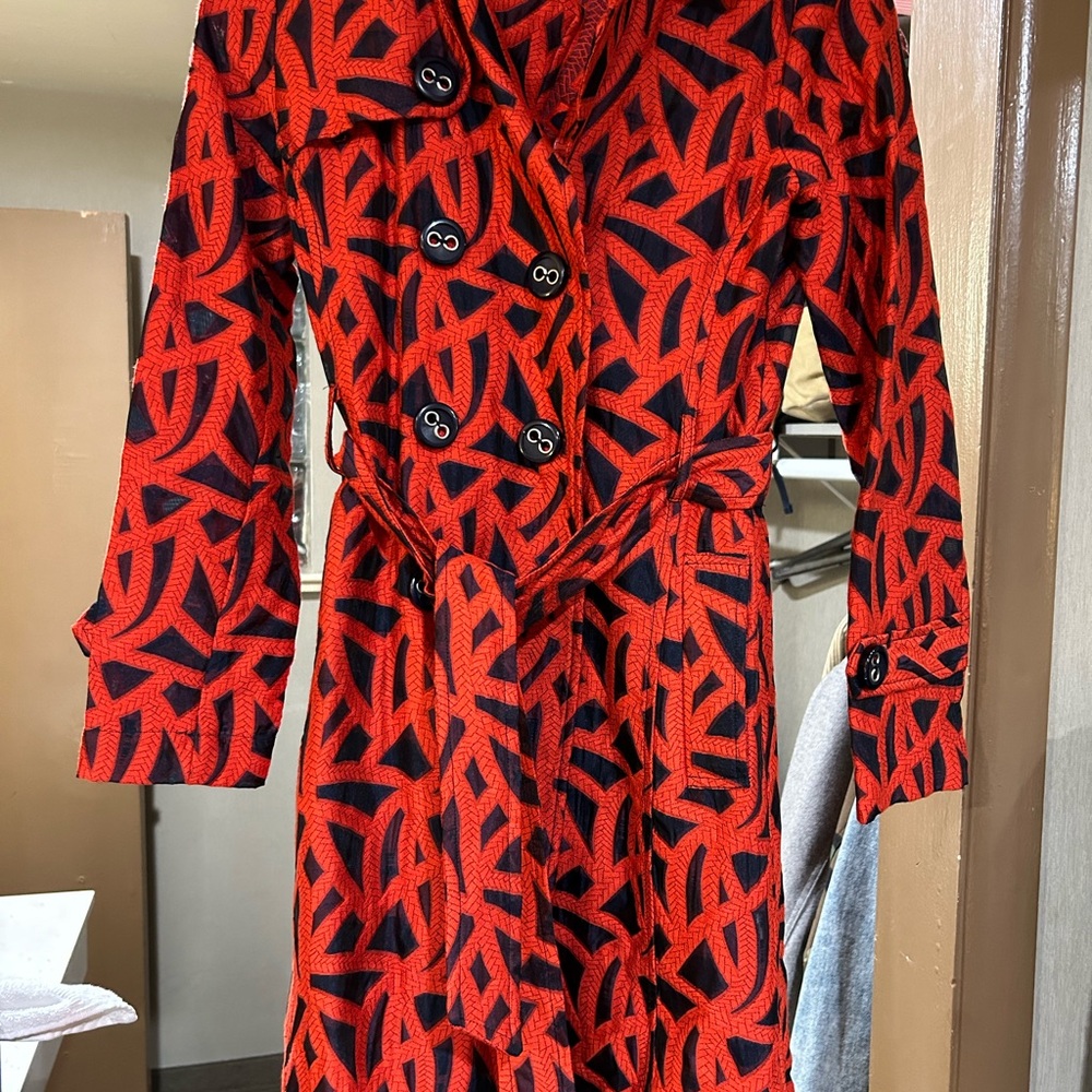 Eva Franco Red and Blue Trench Coat with Abstract Design